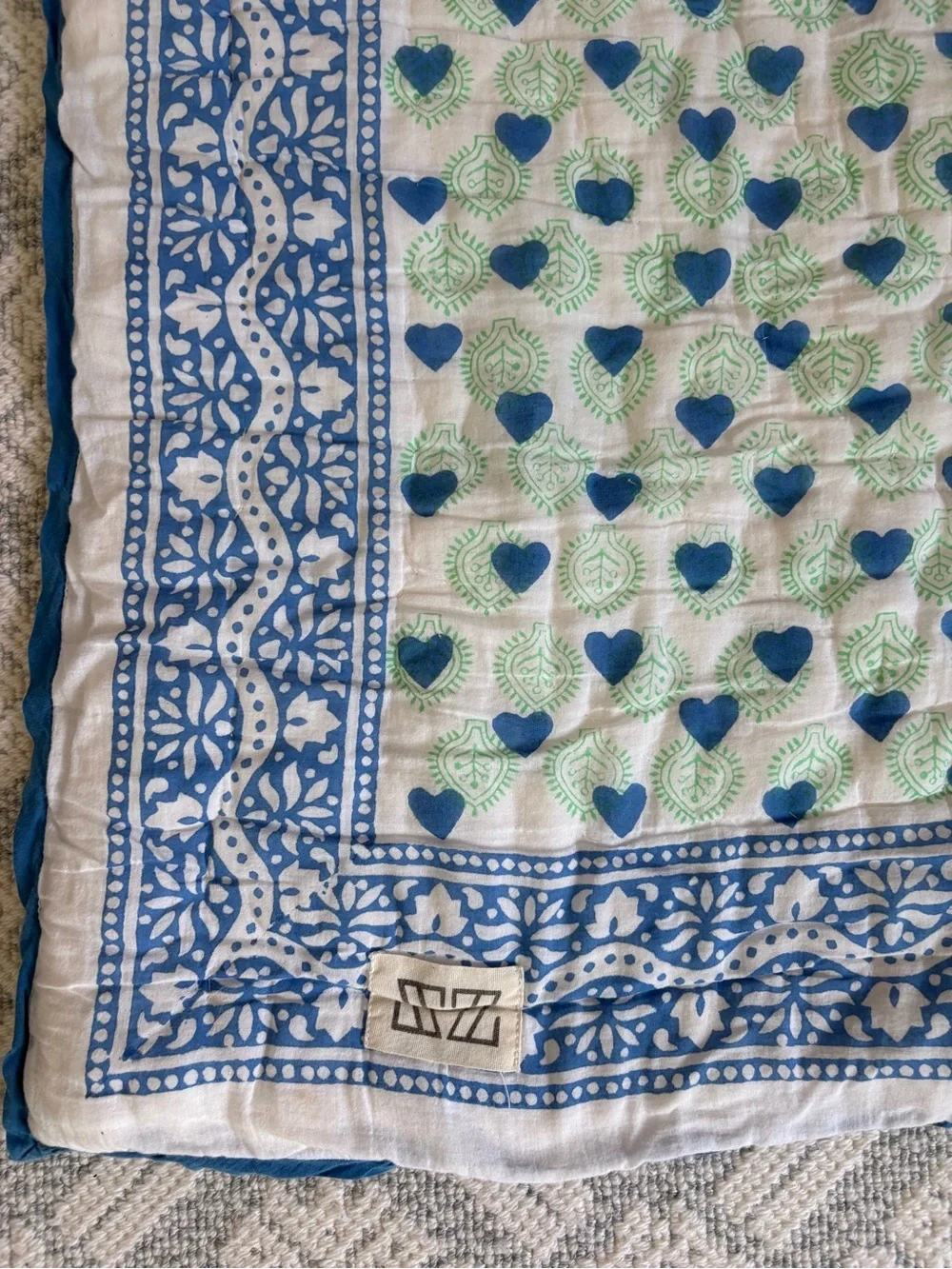 J.Crew x SZ Blue and Green Heart Print Square Baby Blanket Quilt